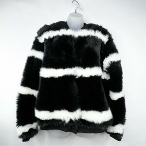 Roxy Carrie Faux Fur Black and White Jacket/Coat, Hooded Women Size Large EUC